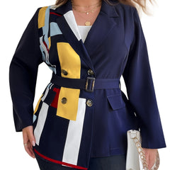 Colorblock Geometric Print Blazer With Belt