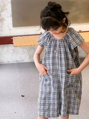 Girl's Plaid Jumpsuit Casual Shorts Sleeve Crew Neck Sports Jumpsuit