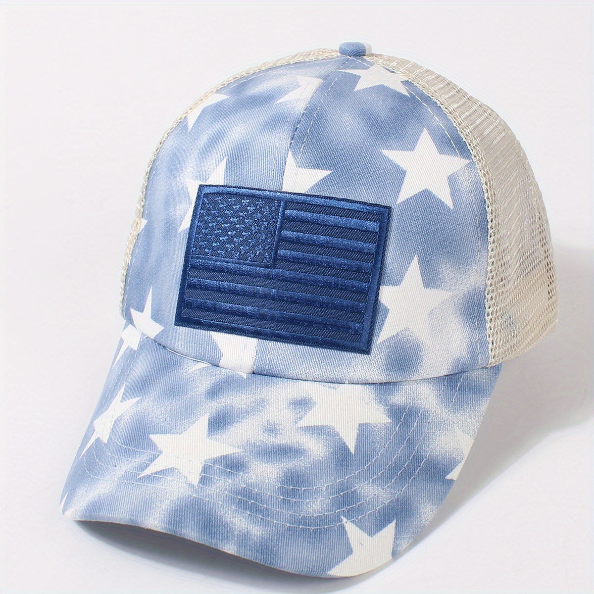 Star Print Ponytail Trucker Hat Flag Embroidery Independence Baseball Cap