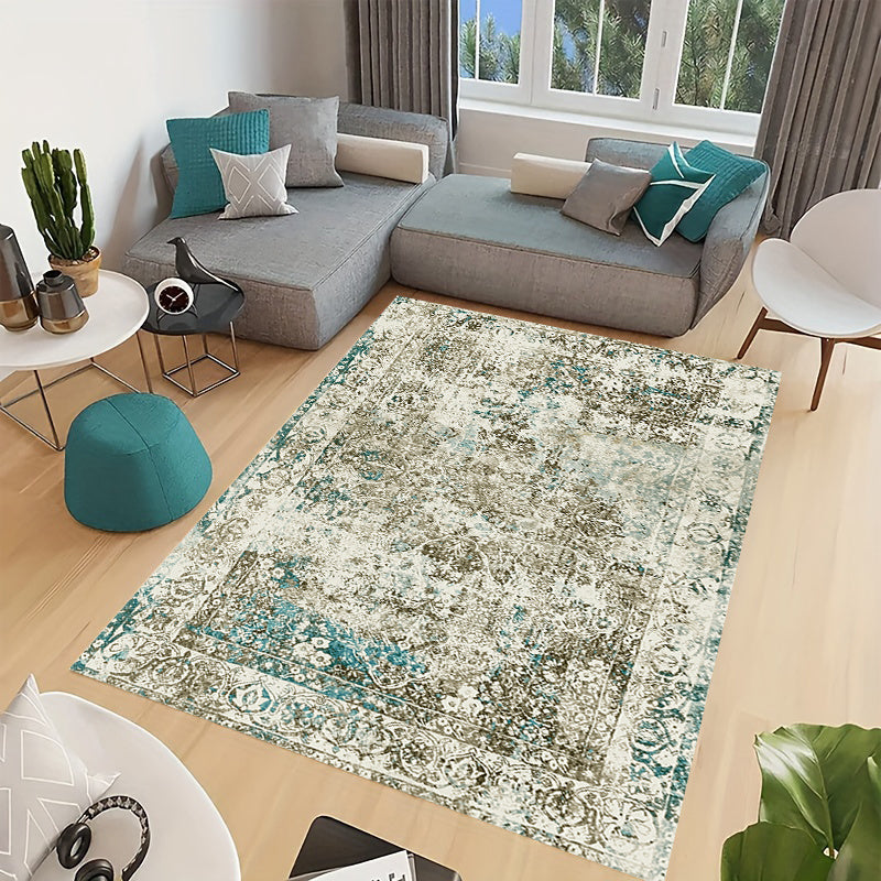 Large Vintage Green Washable Carpet Indoor Flower Printing Carpet