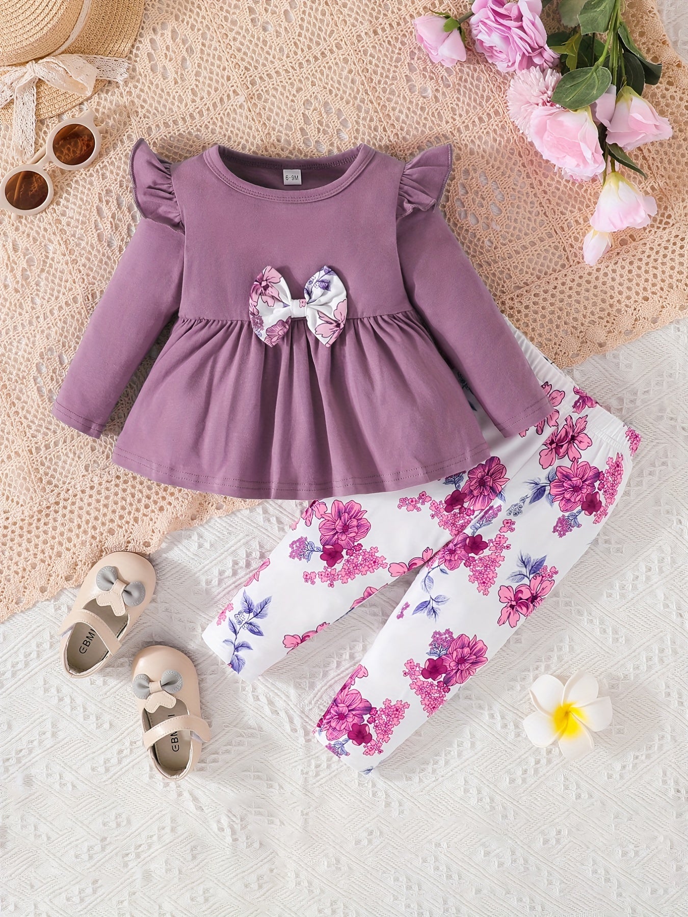 Baby Girls Dress & Floral Pants Set, Long Sleeves, Bow Knot, Spring Fall
