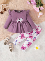 Baby Girls Dress & Floral Pants Set, Long Sleeves, Bow Knot, Spring Fall