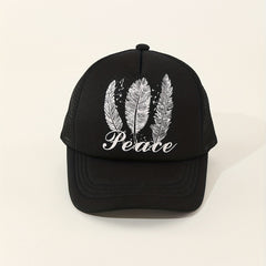Peach Feather Print Trucker Hat Mesh Breathable Baseball Cap