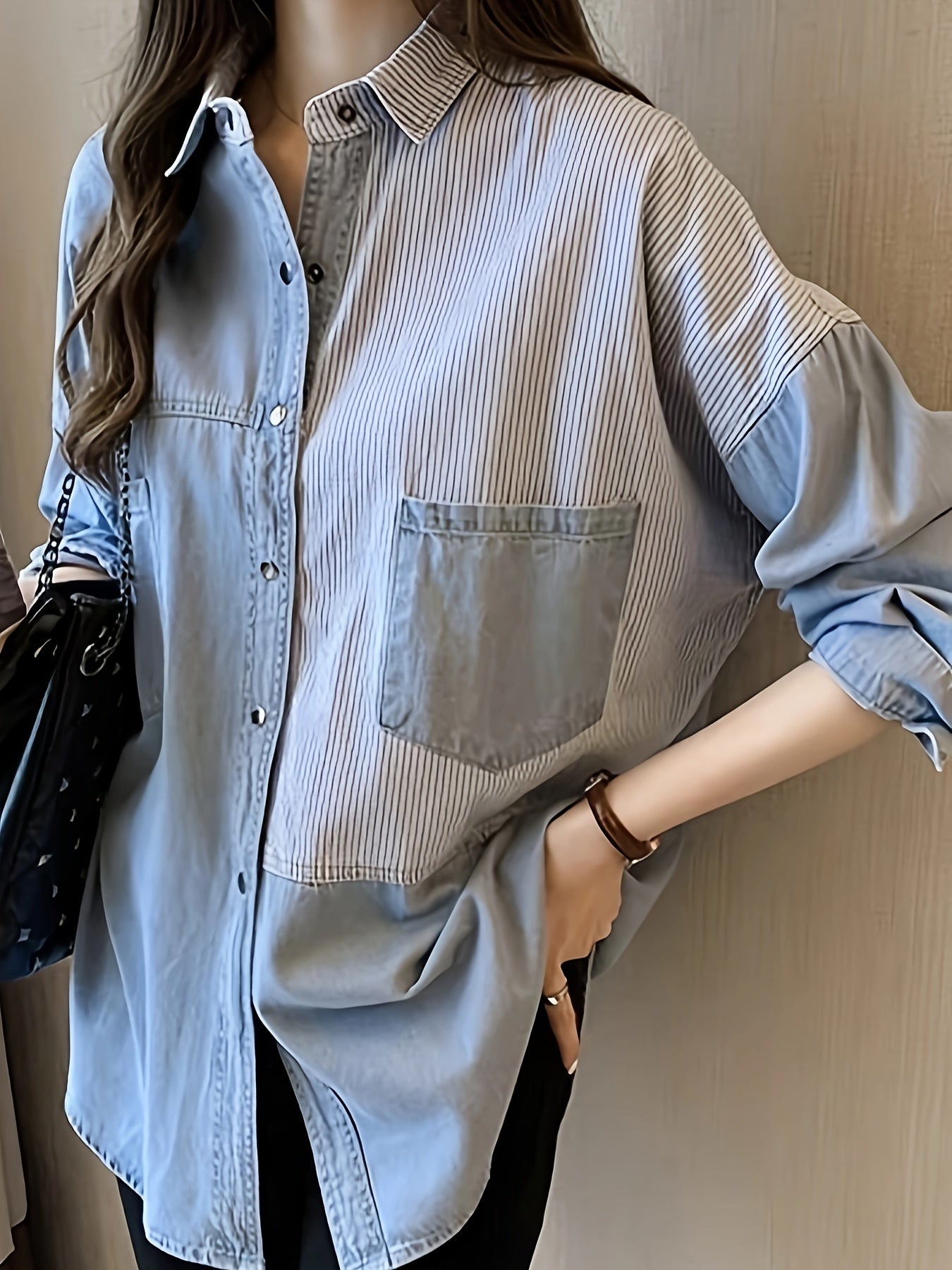 Denim Top Women's Plus Contrast Striped Print