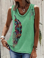 Western Feather Print Tank Top Sleeveless Crew Neck Casual Tops