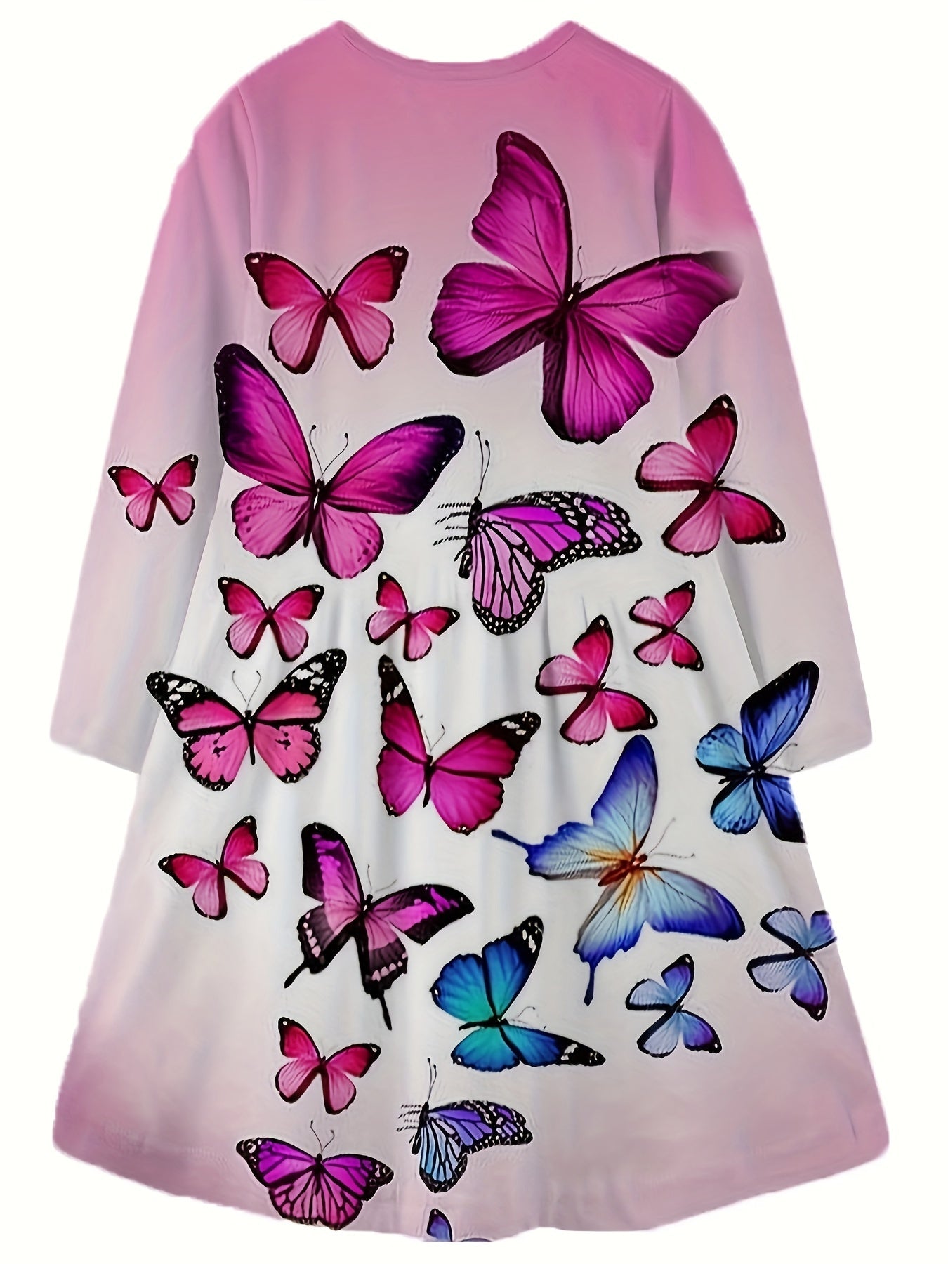 Dreamy Butterfly Graphic Crew Neck Long Sleeve Dress