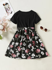 Girls Casual Short Sleeve Dress With Flower Print