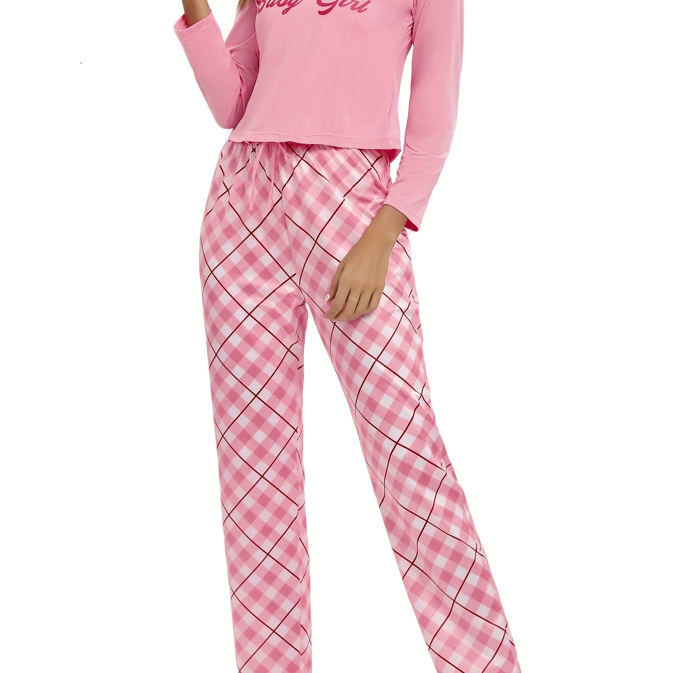 Letter Print Lounge Set Long Sleeve Crew Neck Top & Plaid Pants