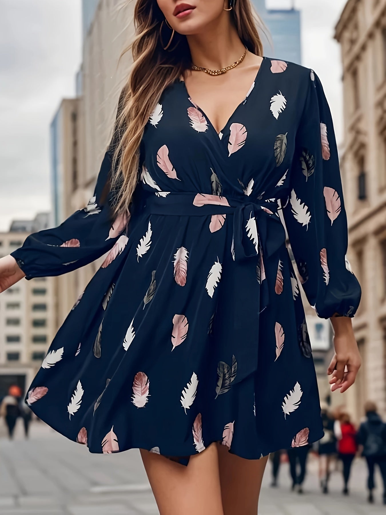 Women's Plus Feather Print Long Sleeve Surplice Neck Mini Dress With Belt