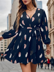 Women's Plus Feather Print Long Sleeve Surplice Neck Mini Dress With Belt
