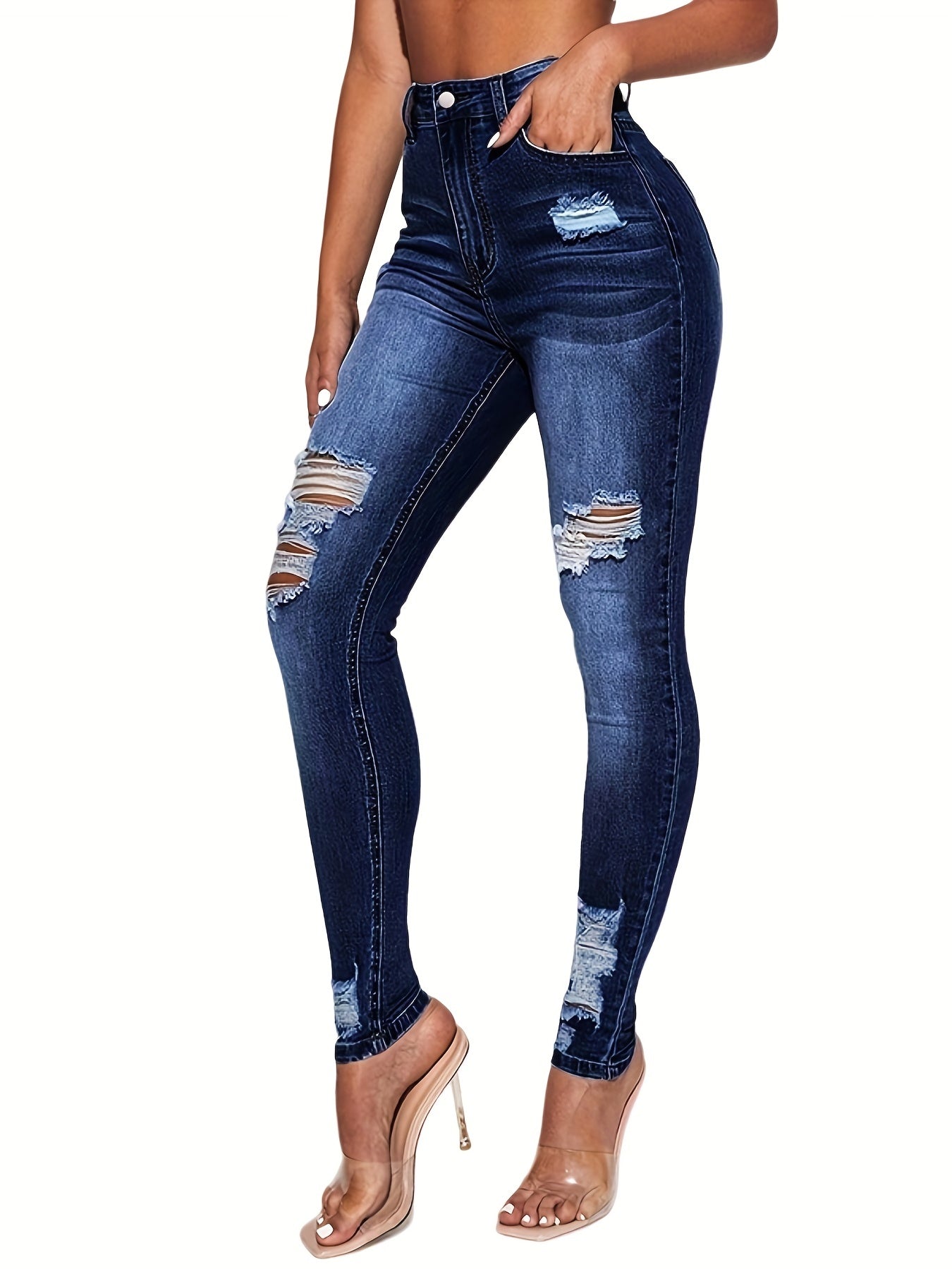 Slim Fit Ripped Jeans Button Closure