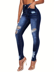 Slim Fit Ripped Jeans Button Closure
