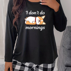 Women's Plus Puppy Print Long Sleeve Round Neck Comfort Tee