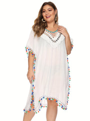 Crochet Tassel Trim V Neck Cover Up Dress
