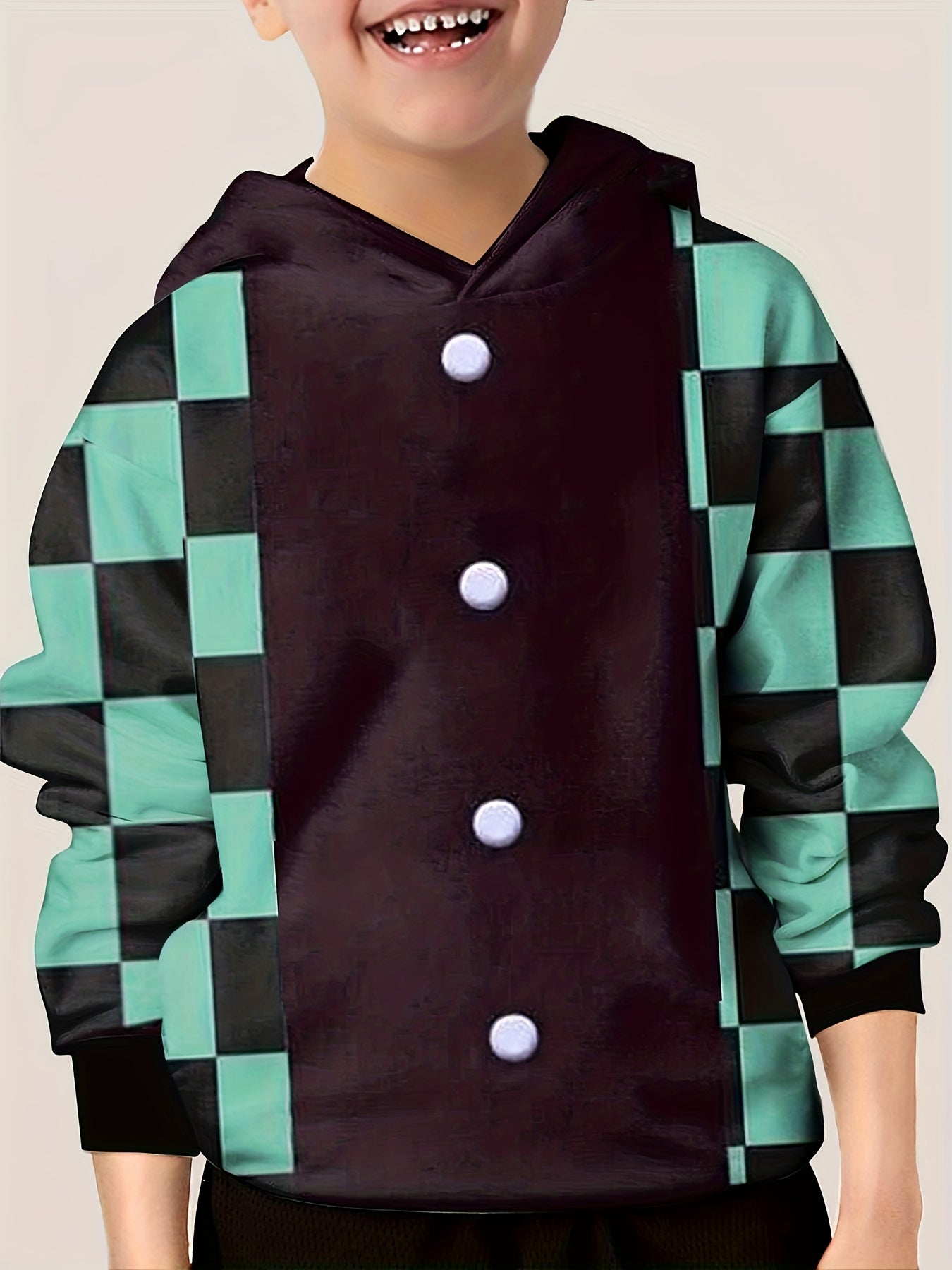 Square & Button Print Kid's Hoodie Casual Pullover Hooded Top
