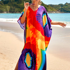 Colorblock Bat Sleeve V Neck Maxi Dress