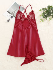 Lace Satin Slip Nightdress V Neck Criss Cross Back Sleep Dress