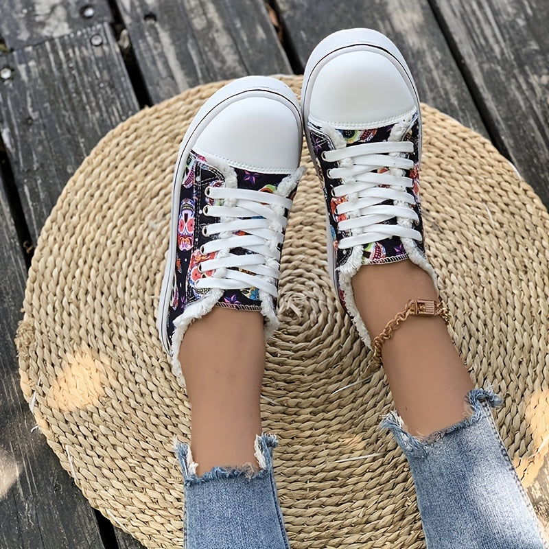 Women's Flat Canvas Sneakers Halloween Skull Pattern Low Top Shoes