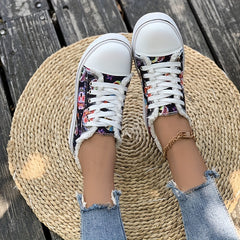 Women's Flat Canvas Sneakers Halloween Skull Pattern Low Top Shoes