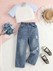 Girls 2 Pcs Raglan Short Sleeve Top & Elastic Waist Jeans Casual Set