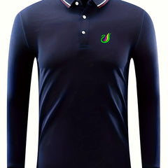 Colorful Goose Print Men's Lapel Polo Shirt Casual Stretch Long Sleeve