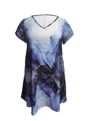 Marble Print Short Sleeve V Neck Mini Dress