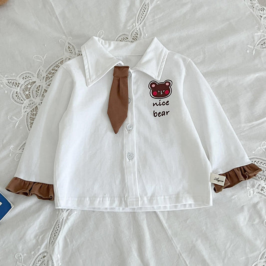 Baby Girl Preppy Style Polo Shirt with Bear Graphic Top