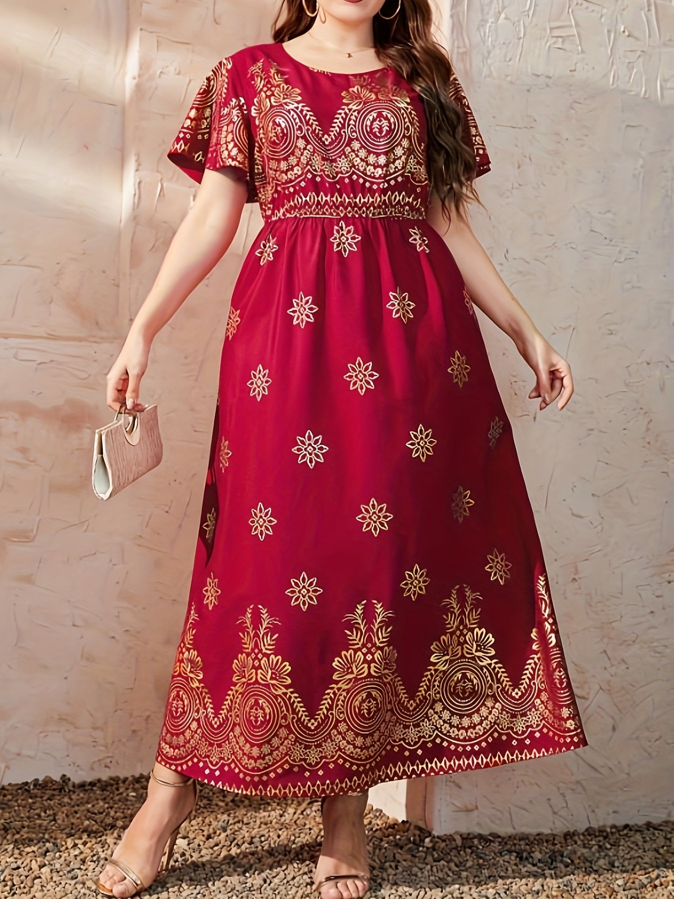 Golden Floral Print Maxi Dress