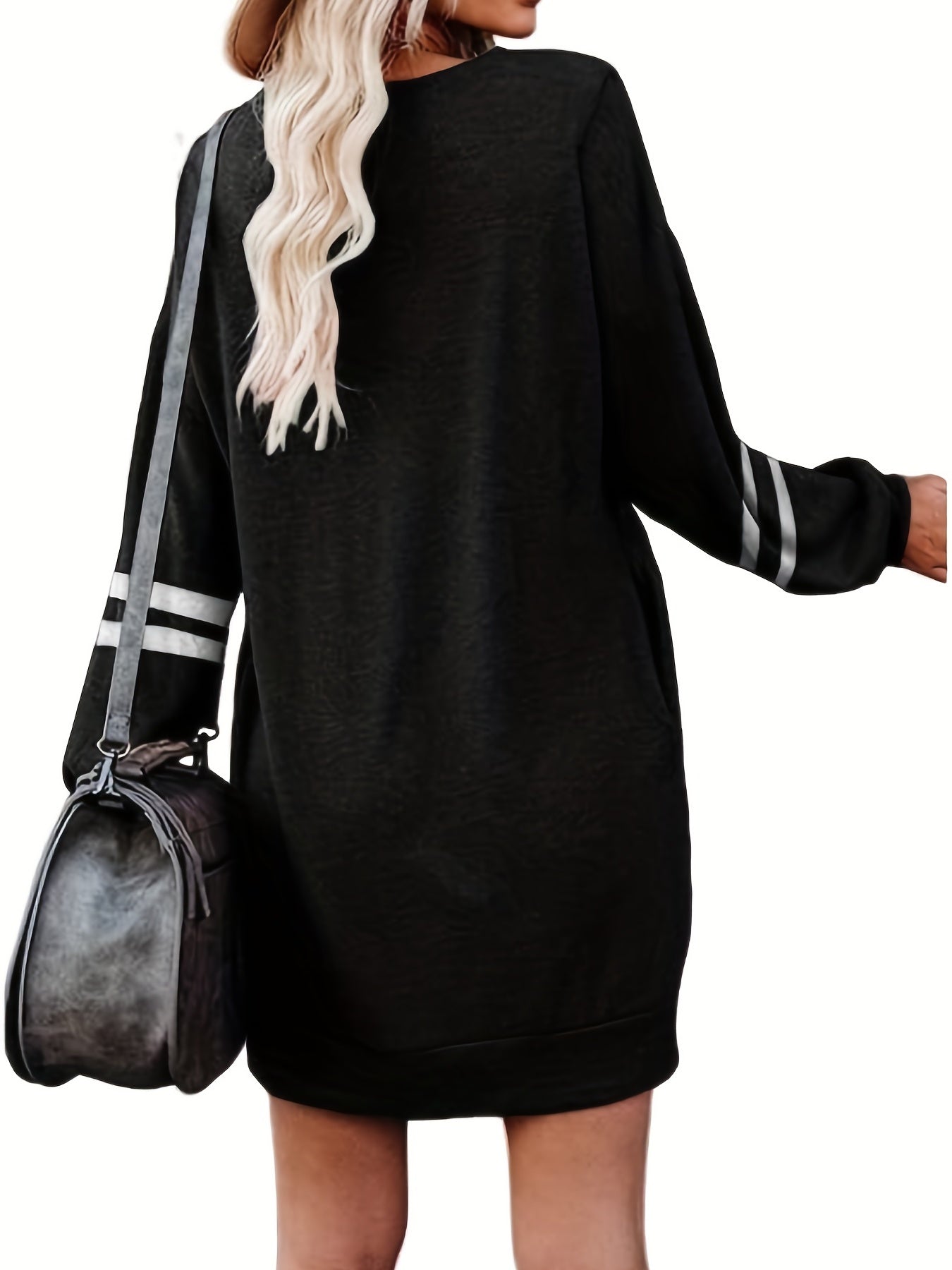 Striped Loose Sweatshirt Dress Crew Neck Long Sleeve Pockets