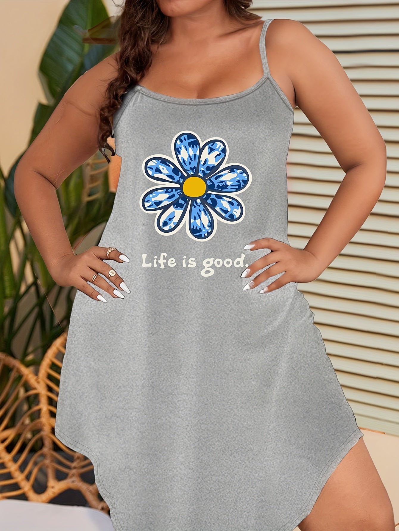Sexy Nightdress Women's Plus Floral & Slogan Print Round Neck