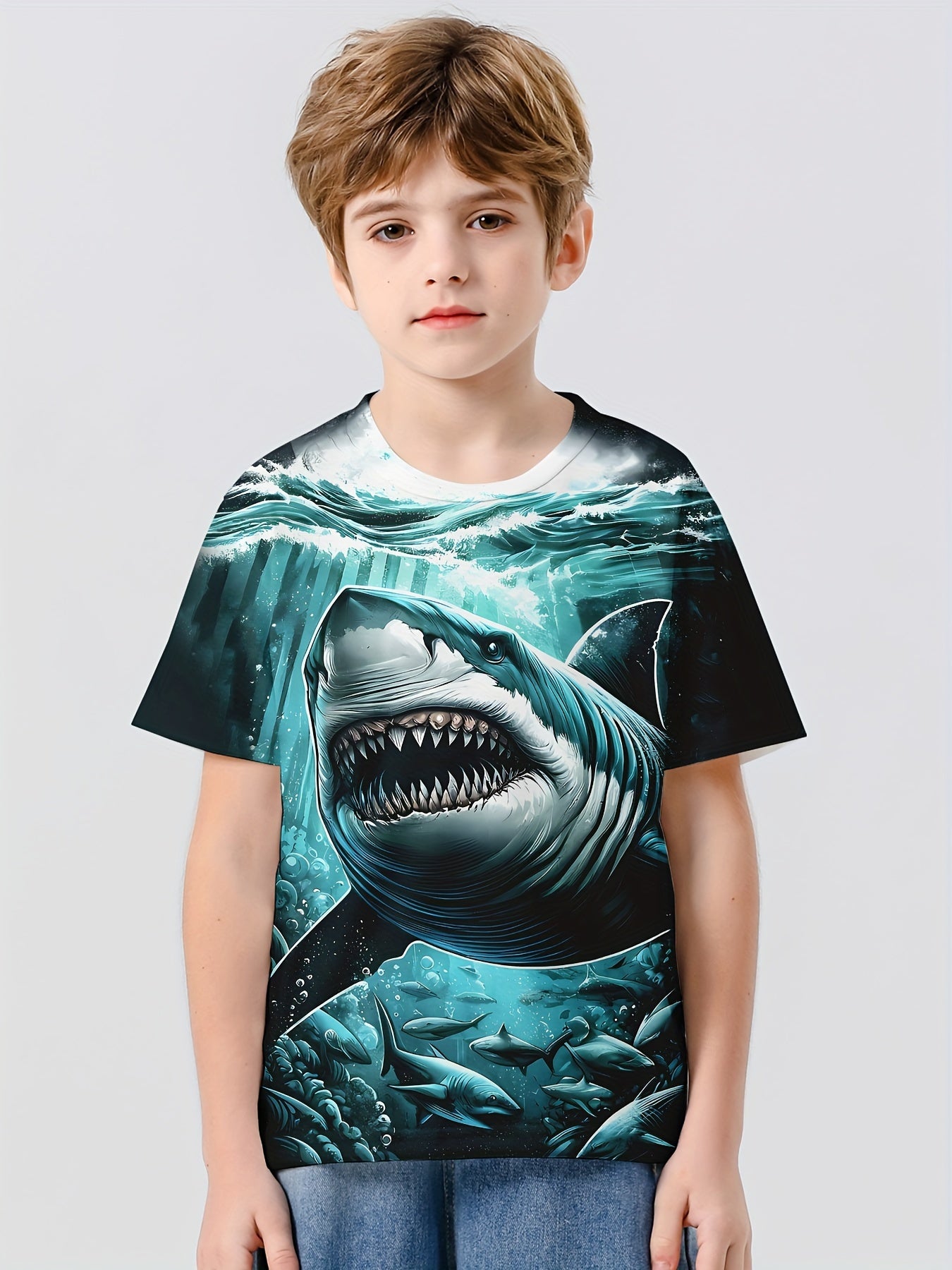 Shark 3D Print Boy's Casual Tees Short Sleeve Crew Neck Comfy T shirt