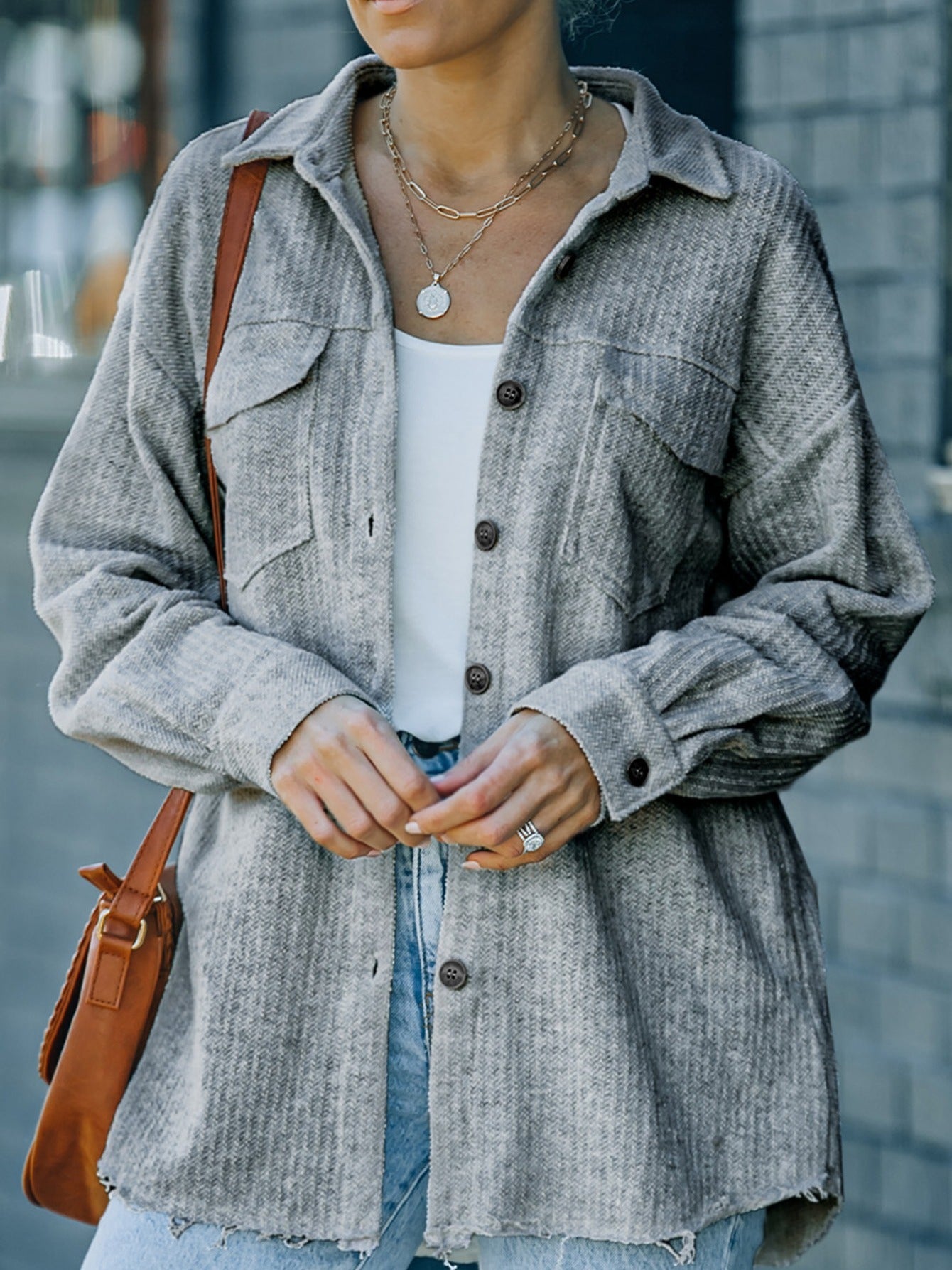 Women's Textured Button Down Shirt Jacket With Pockets