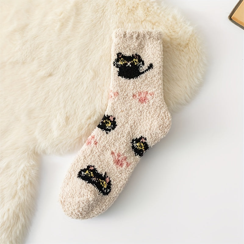 5 Pairs Cute Cat Print Fuzzy Socks for Women