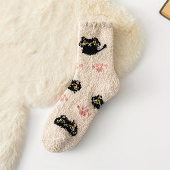 5 Pairs Cute Cat Print Fuzzy Socks for Women