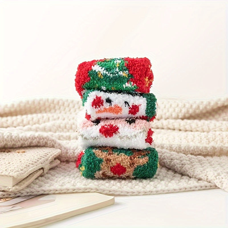 5 Pairs Christmas Pattern Socks Comfy & Fuzzy Crew Socks Women's Stockings