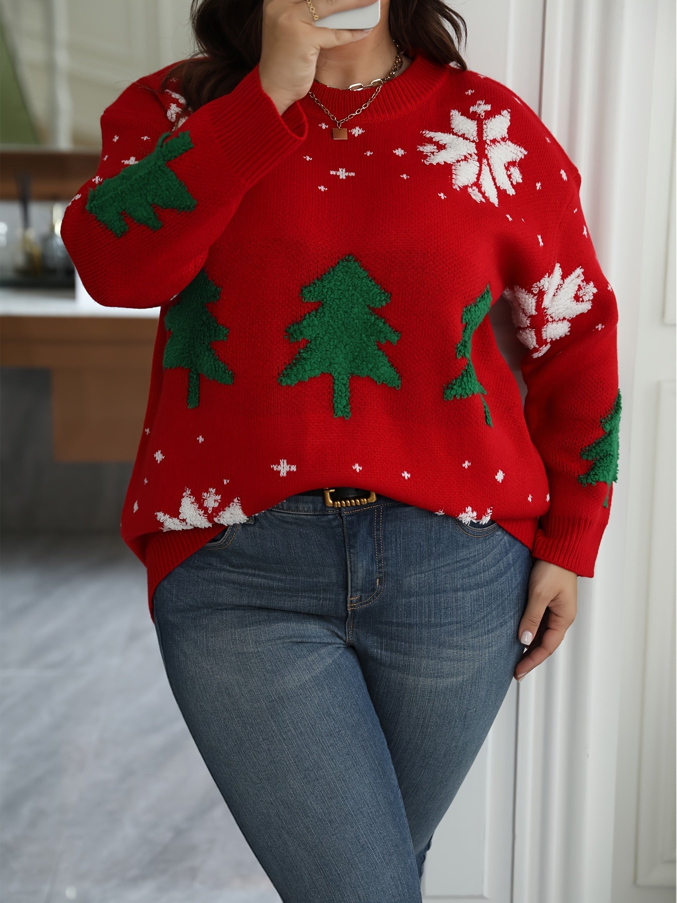 Women's Plus Christmas Tree & Snowflake Pattern Sweater