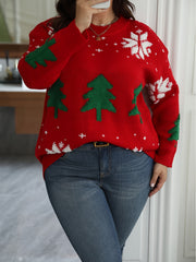 Women's Plus Christmas Tree & Snowflake Pattern Sweater