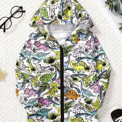 Dinosaur Full Print Boys Zip Up Hooded Sweatshirt Gym Sports Jacket
