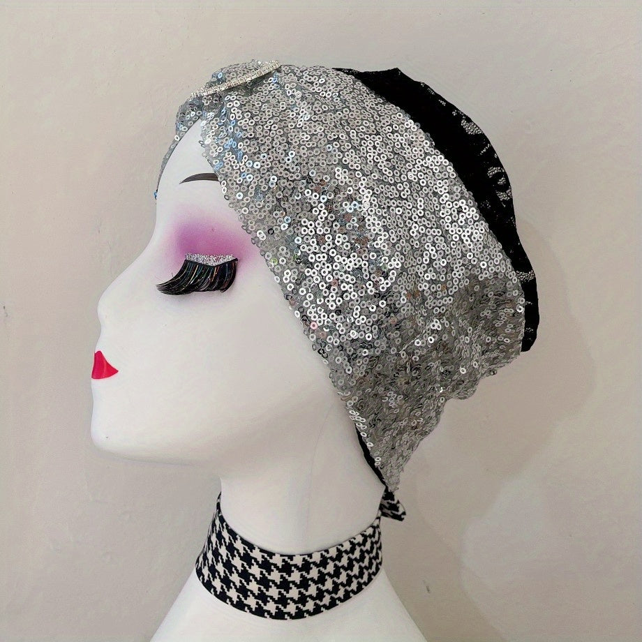 Sequin Decor Beanie Lace Bowknot Head Wrap