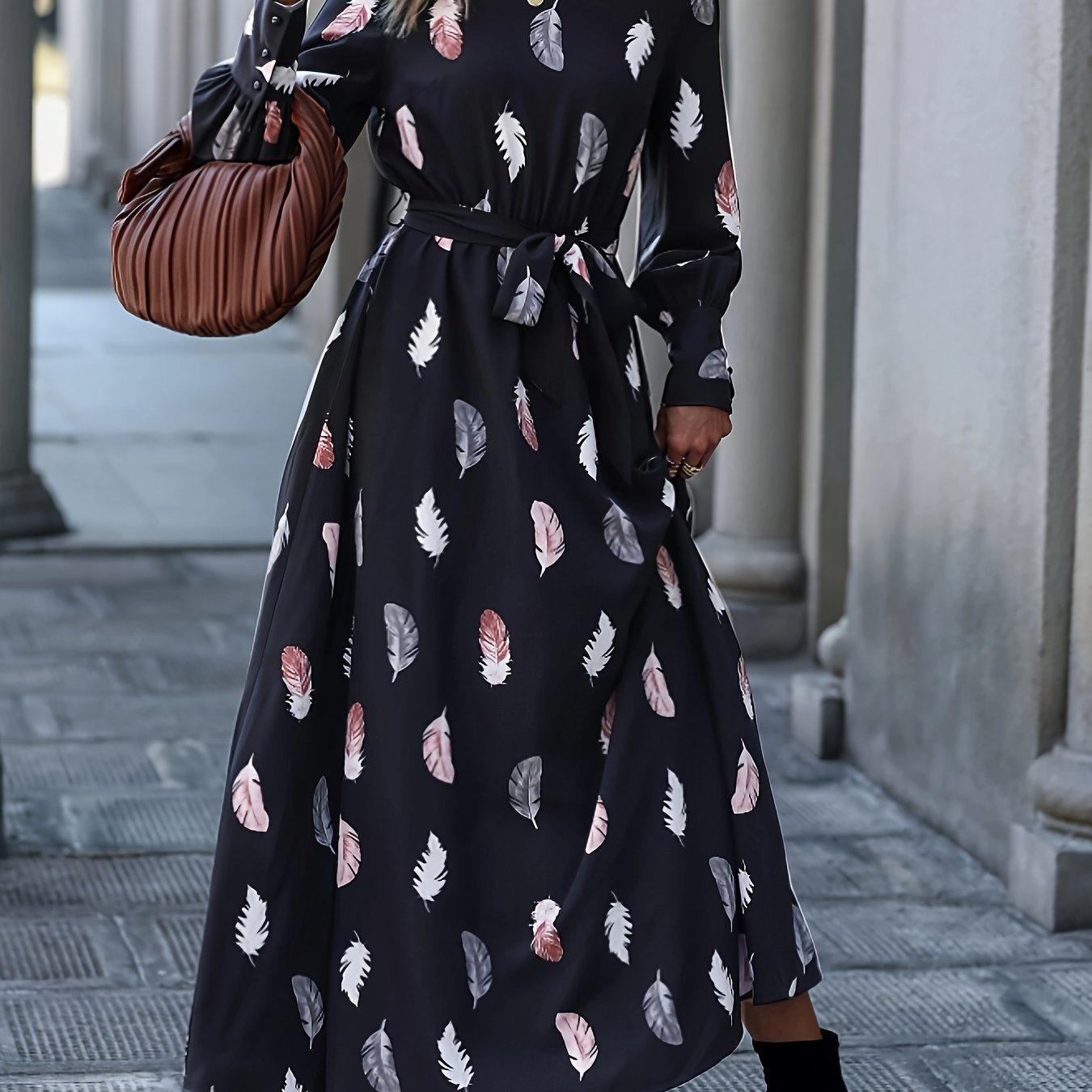 Feather Print Maxi Dress With Belt