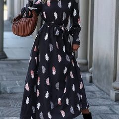 Feather Print Maxi Dress With Belt