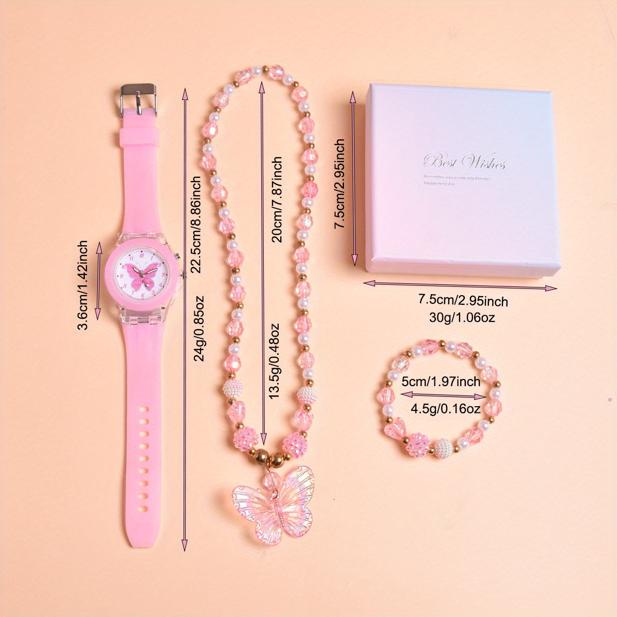 3pcs Set Girls Butterfly Quartz Watch LED Flashing Luminous Wristwatches