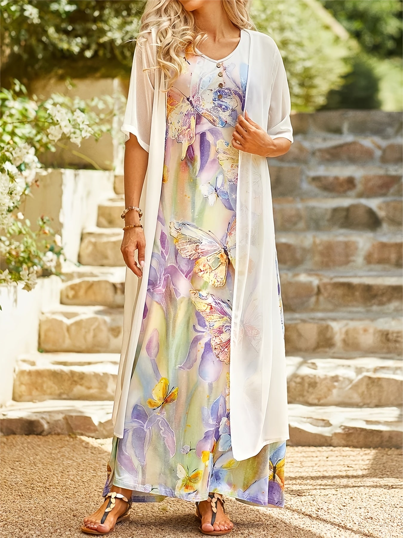 Casual Loose 2pc Set Short Sleeve Cover Up & Floral Print Maxi Dress