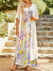 Casual Loose 2pc Set Short Sleeve Cover Up & Floral Print Maxi Dress
