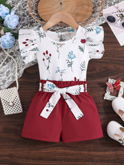 Girls Ruffled Sleeve Flower T-Shirt & Belted Shorts Set Summer Clothes