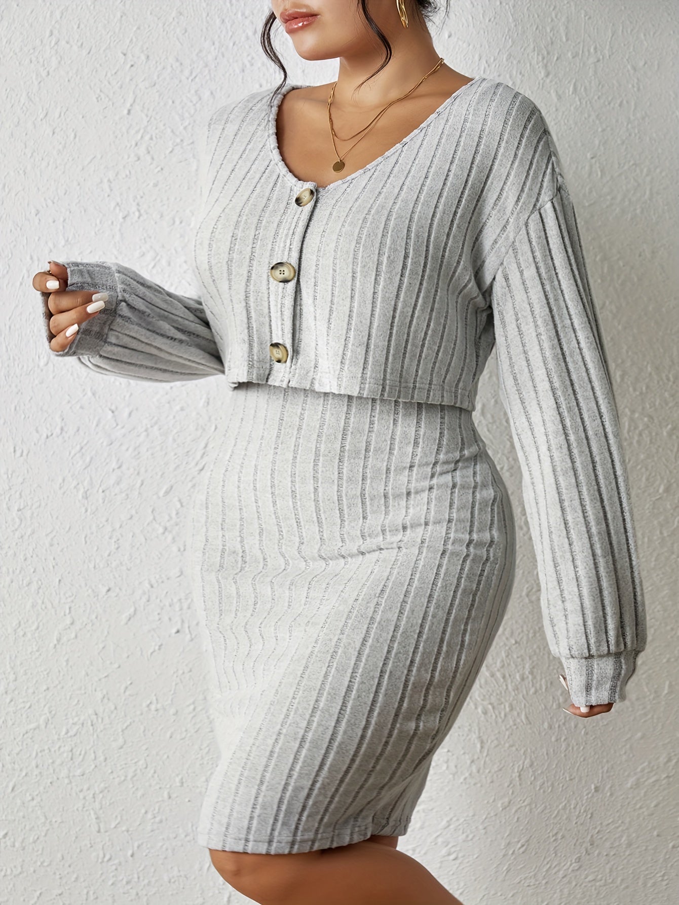 Plus Solid Ribbed Knit Round Neck Tank Dress & Long Sleeve Top Set