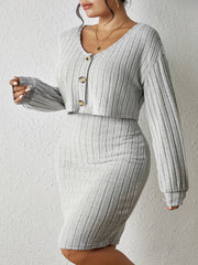 Plus Solid Ribbed Knit Round Neck Tank Dress & Long Sleeve Top Set