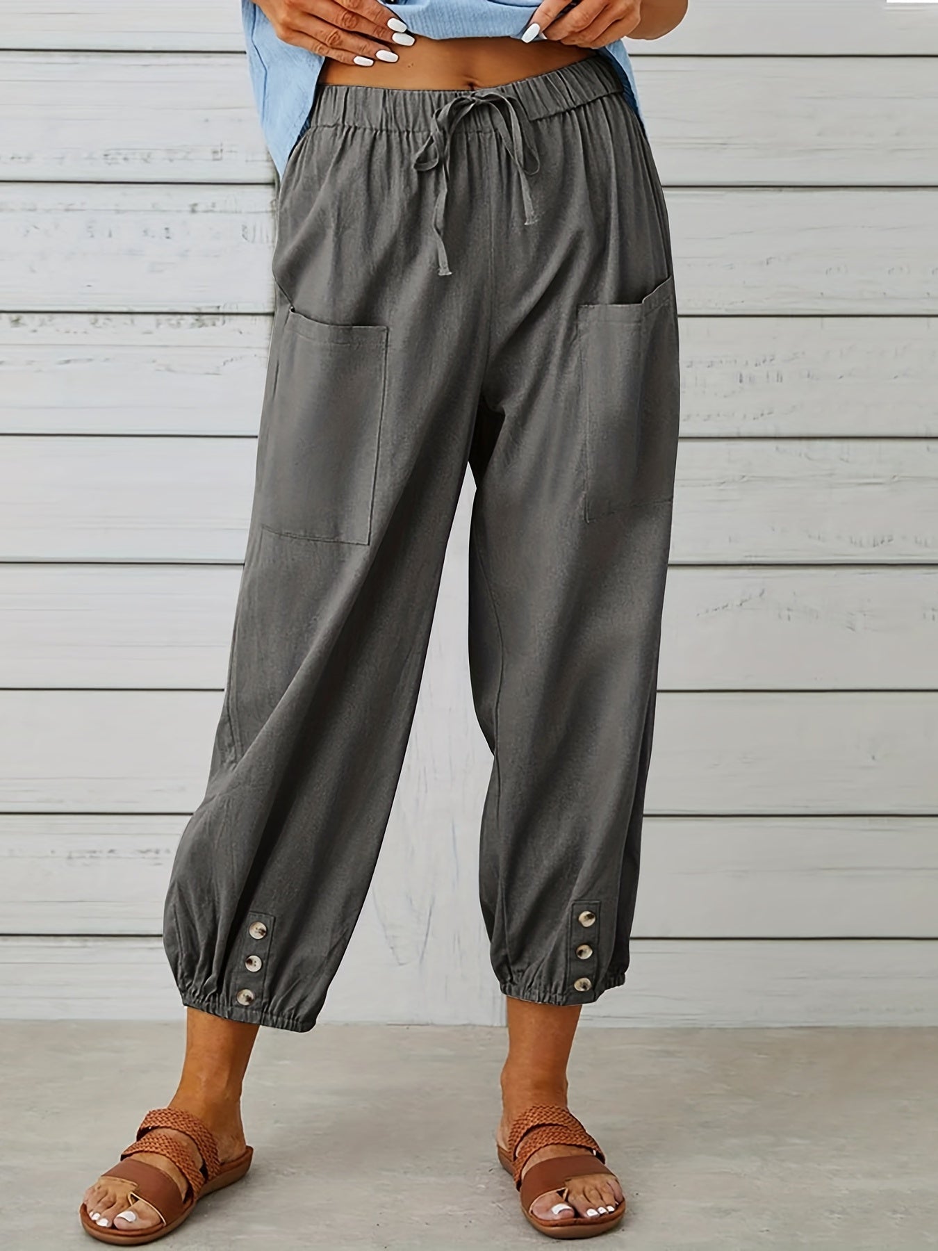 Patched Pockets Button Front Crop Pants Casual Loose Pants