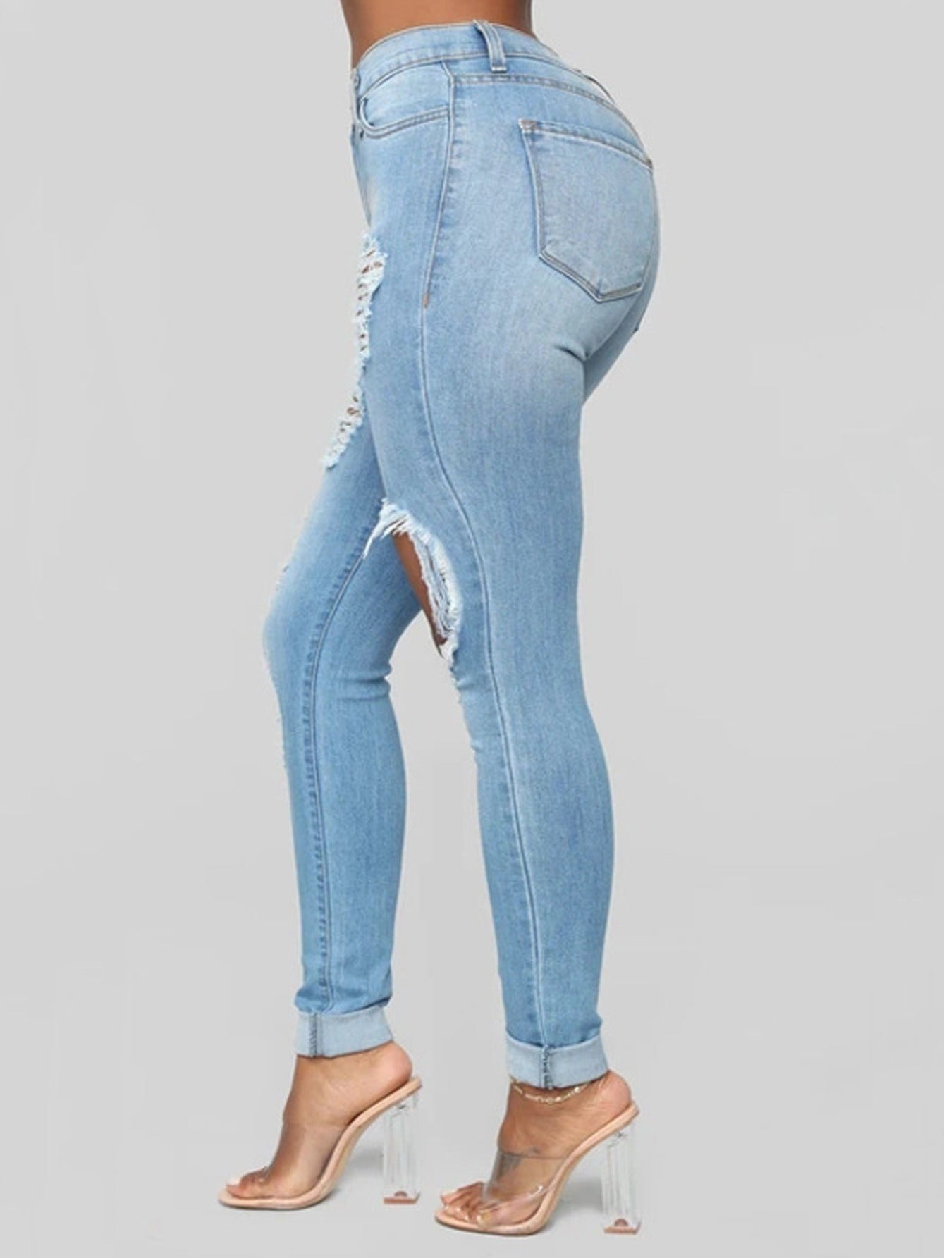 Distressed Skinny Leg Jeans High Waist Elastic Slim Fit Denim Pants