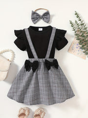 Toddler Girls Ribbed Knit T-shirt Top & Plaid Suspender Skirt